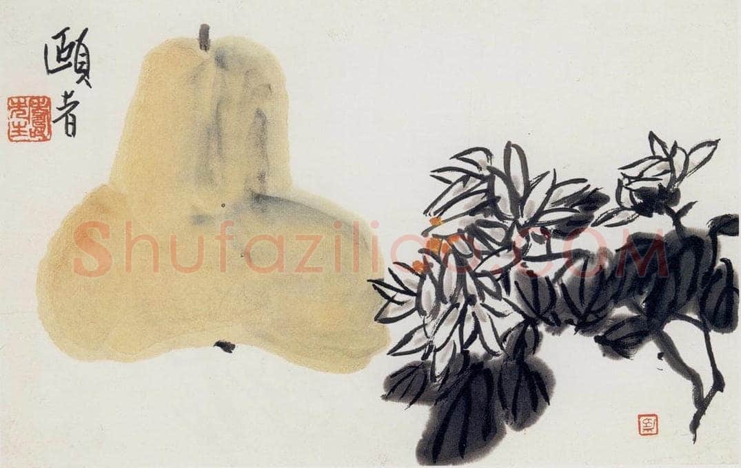 1950-60年代之间 潘天寿 《葫芦菊花》 书画作品