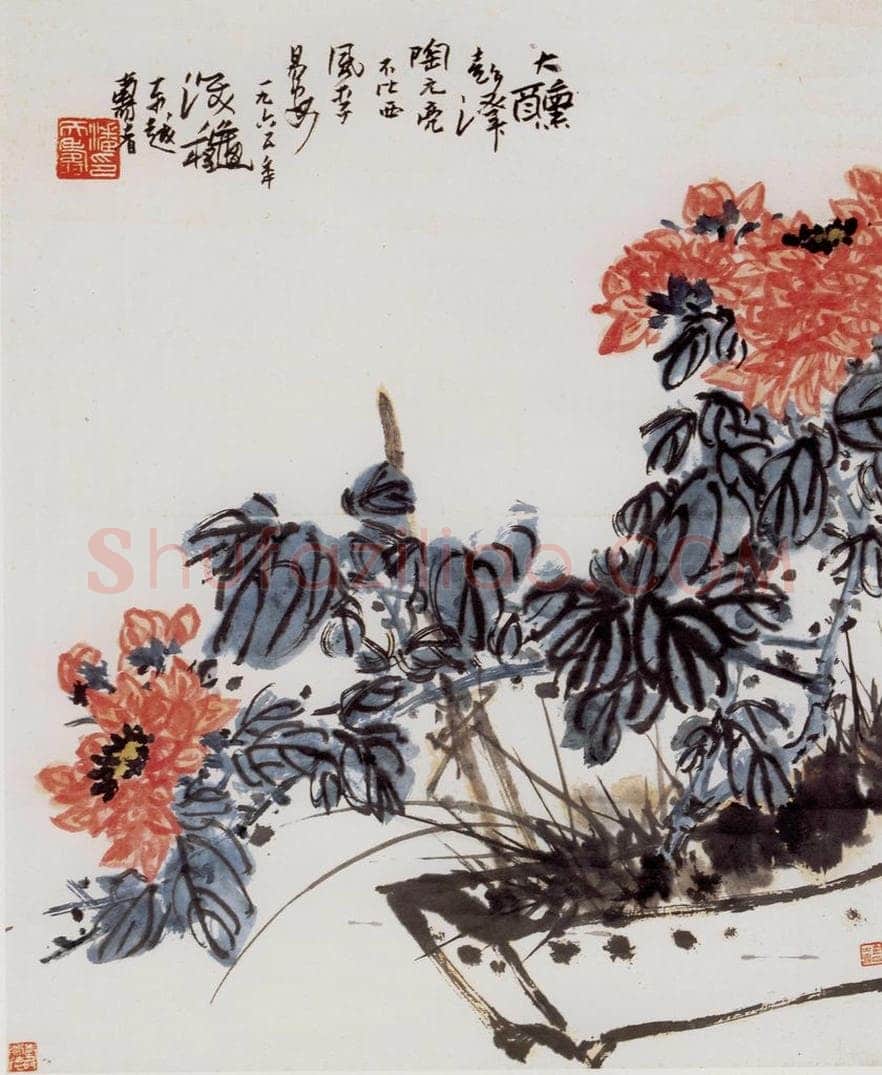 1965年 潘天寿 《红菊熏风图轴》 书画作品