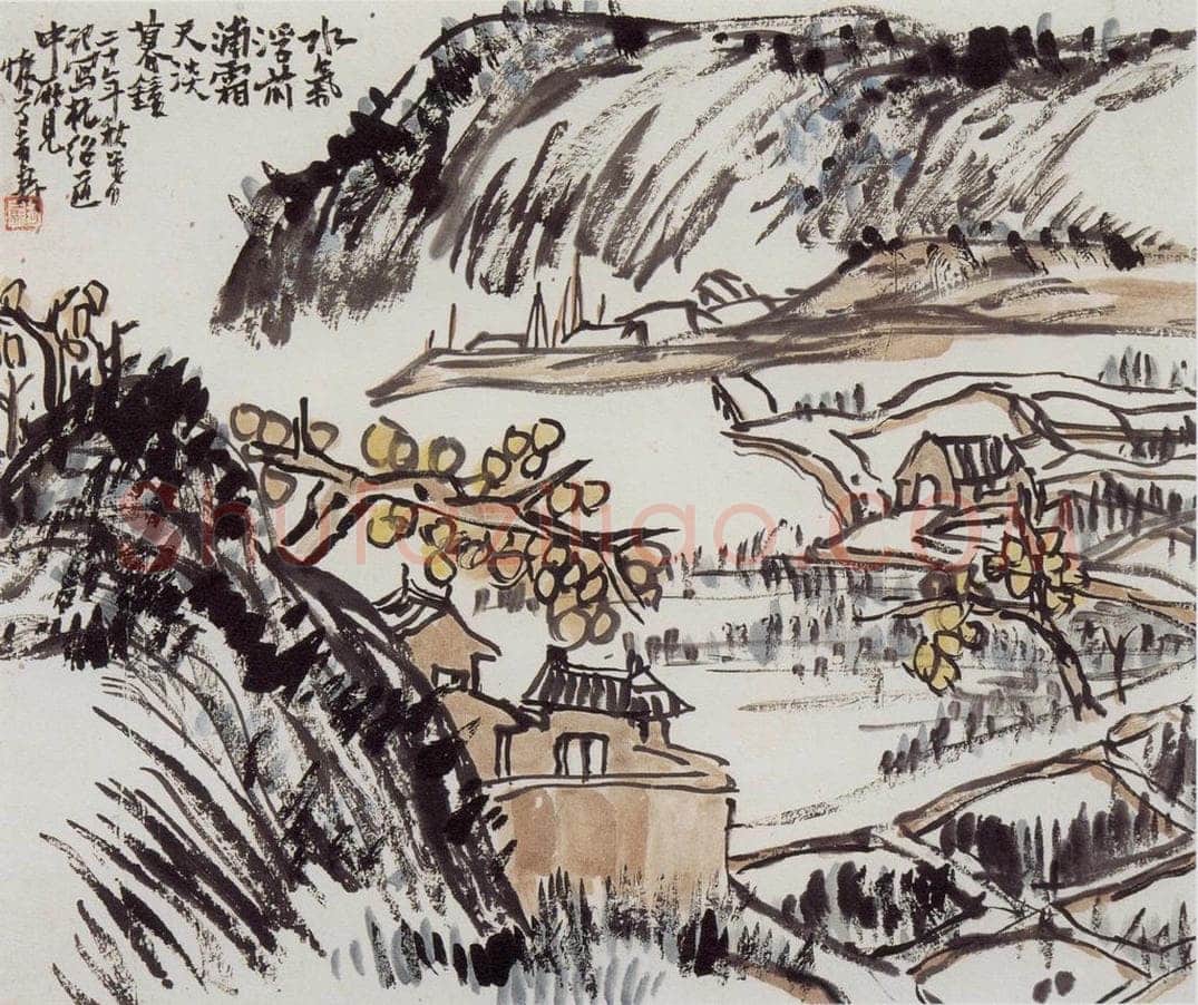 1931年 潘天寿 《霜天暮钟图》 书画作品