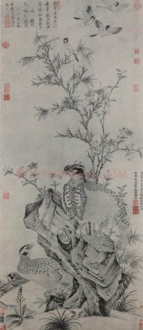 元 王淵 竹石集禽图轴 书画作品