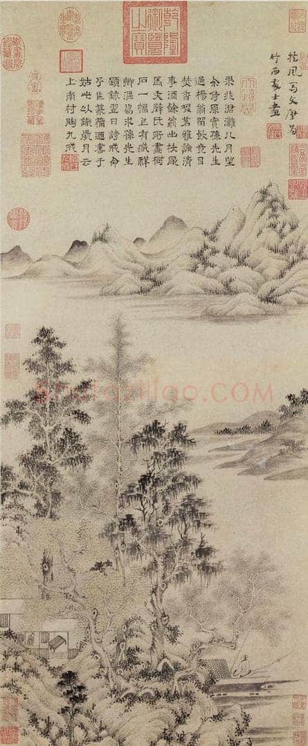 元 马琬 《秋林钓艇图》 书画作品
