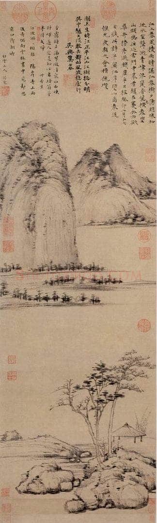 元 倪瓒 江岸望山图 书画作品