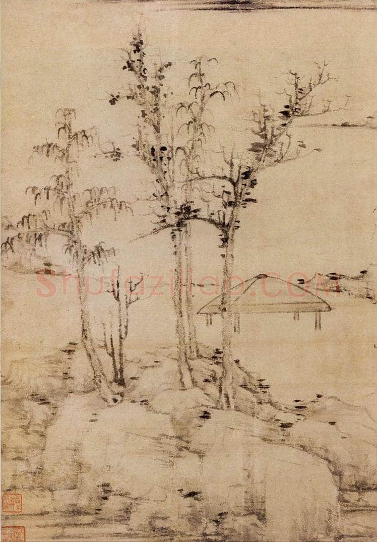 元 倪瓒 江岸望山图 书画作品