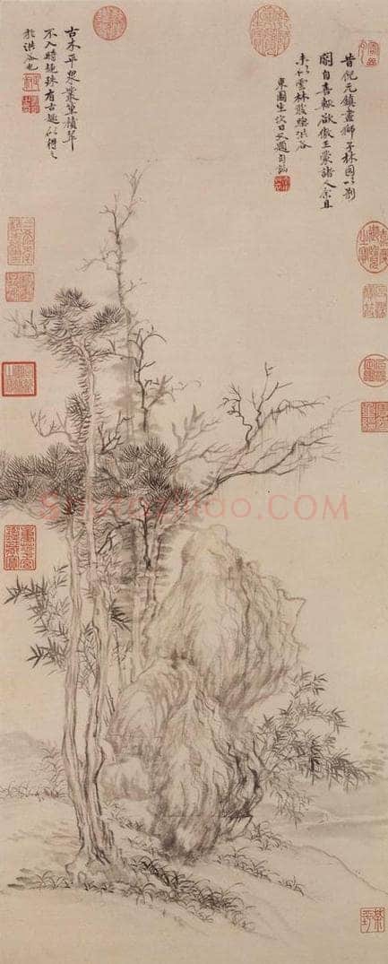 清 恽寿平 《仿倪瓒古木欉篁》 书画作品