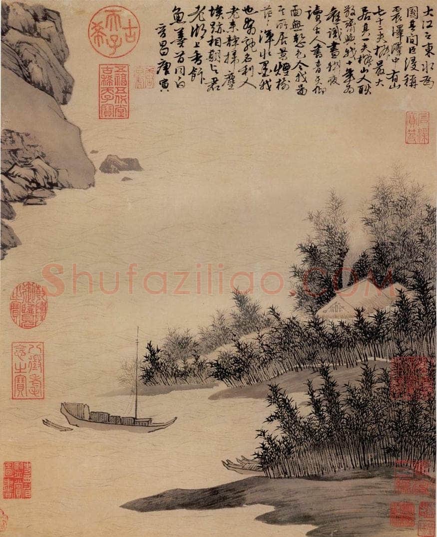 明 唐寅 《震泽烟树》 书画作品