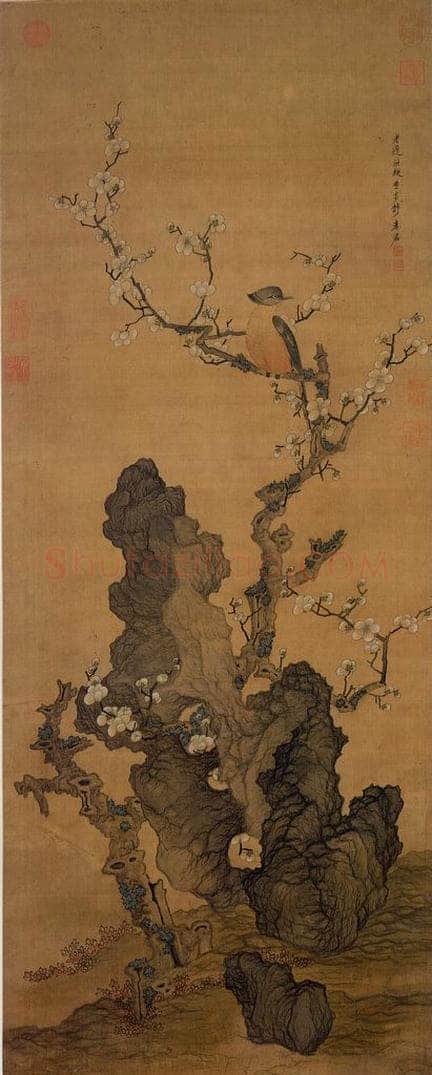 明 陈洪绶 《画梅花山鸟》 书画作品