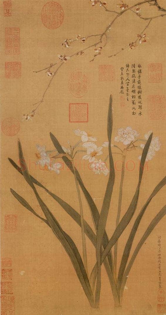 明 仇英 《水仙蠟梅》 书画作品