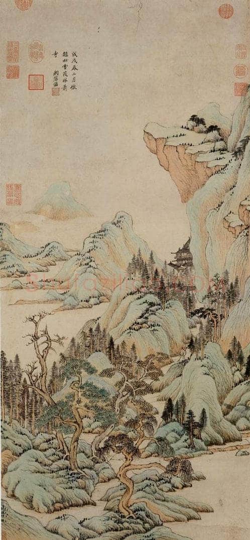 清 王鉴 《仿赵孟頫茂林萧寺图》 书画作品