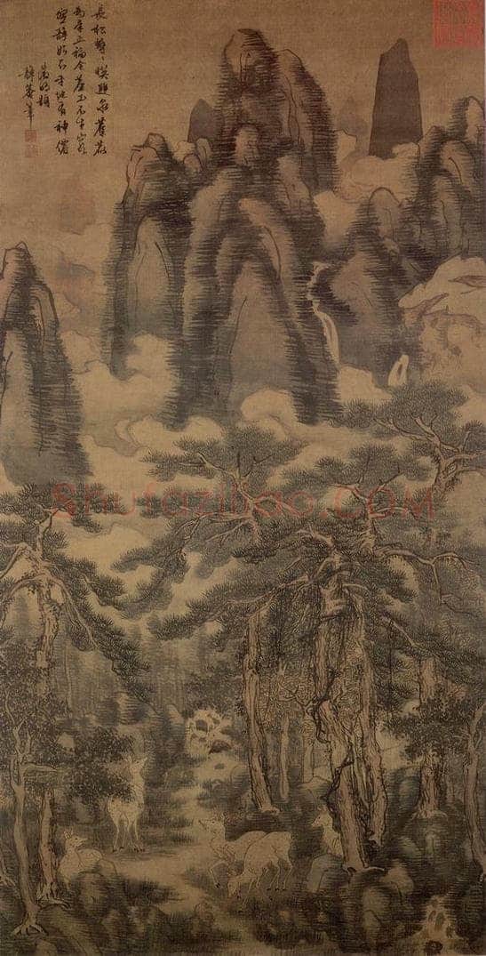 明朝 戴进 长松五鹿 书画作品