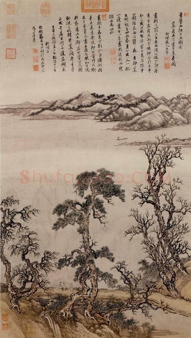 清 王翬 倣李營秋江干七树 书画作品