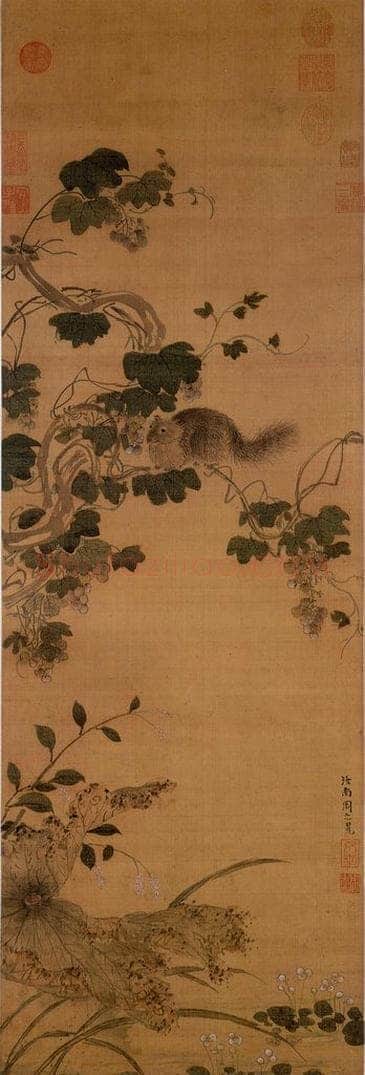 明 周之冕 《画葡萄松鼠》 书画作品