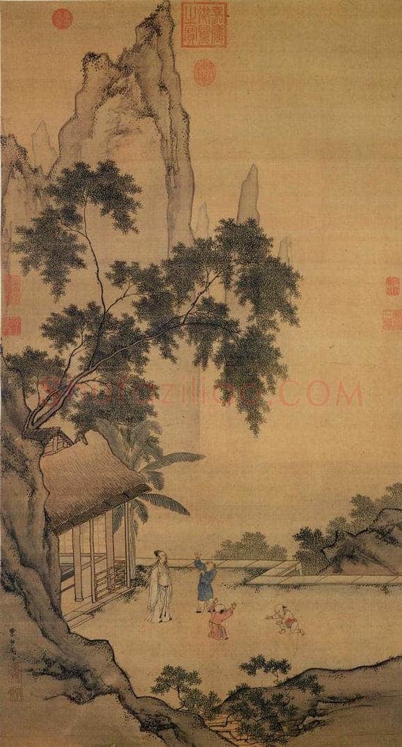 明 周臣 《画闲看儿童捉柳花句意》 书画作品