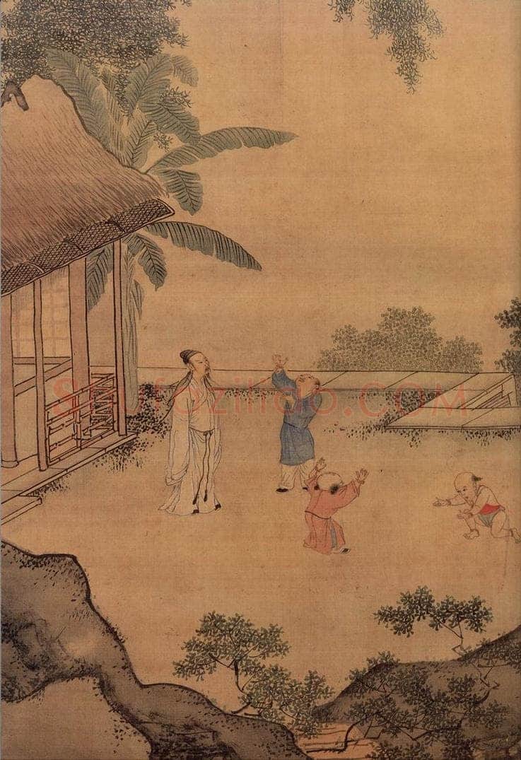 明 周臣 《画闲看儿童捉柳花句意》 书画作品