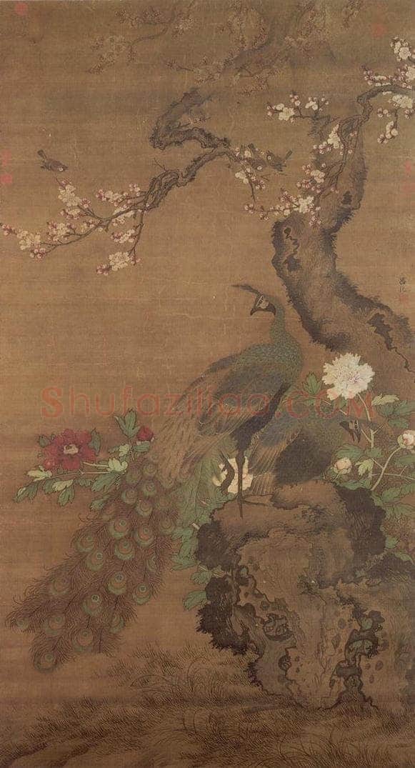 明 吕纪 《杏花孔雀》 书画作品