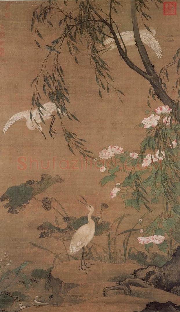 明 吕纪 《秋鹭芙蓉图》 书画作品