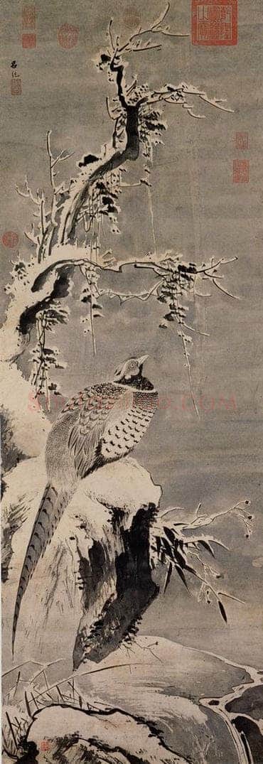 明 吕纪 《寒雪山鸡图》 书画作品