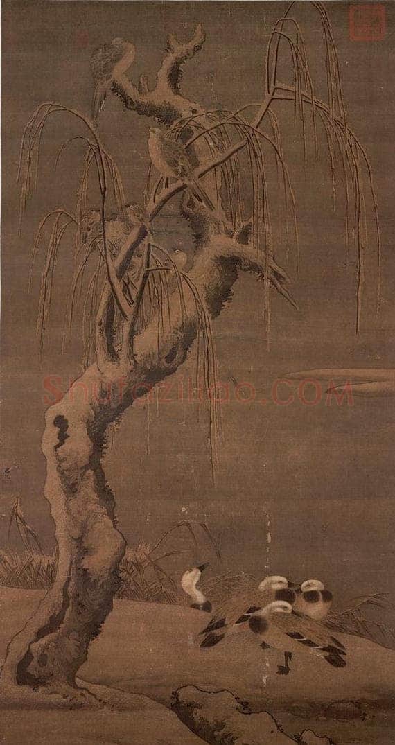 明 吕纪 《雪景翎毛》 书画作品