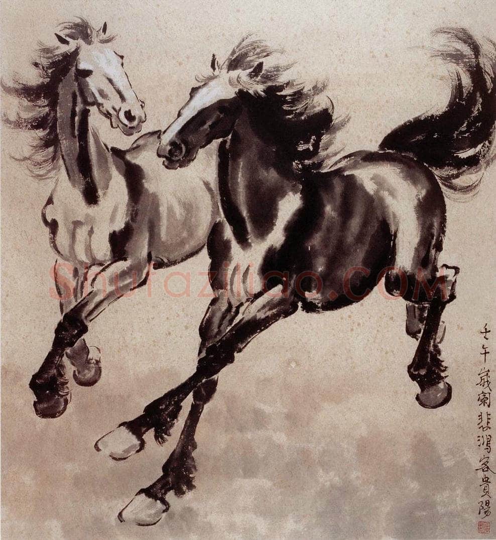 现代 徐悲鸿 《草原双骏》 书画作品