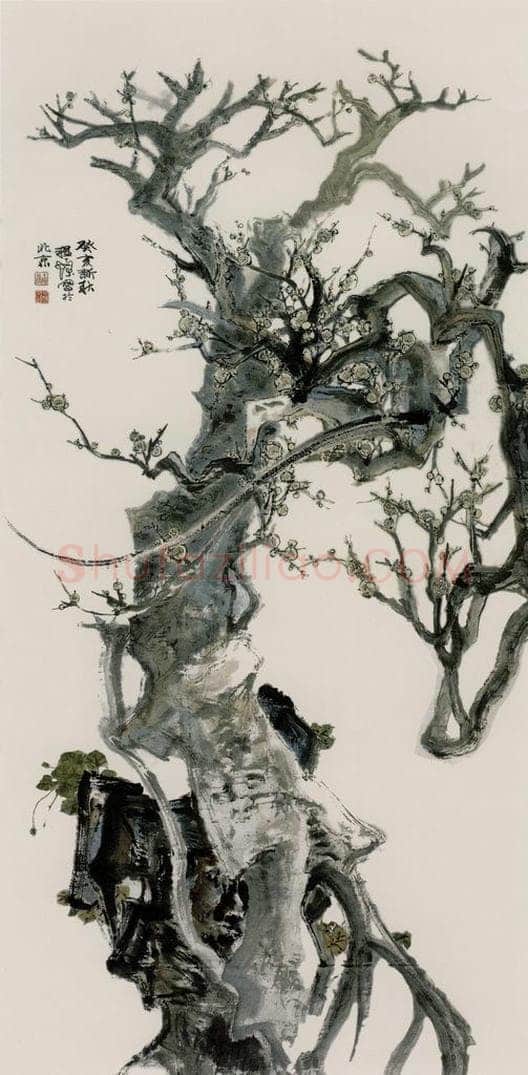 1983年 程十发 《老梅新枝》 书画作品