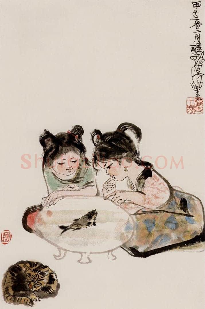 1984年 程十发 《观鱼图》 书画作品