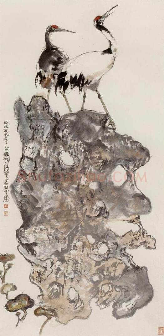 1990年 程十发 《鹤寿图》 书画作品