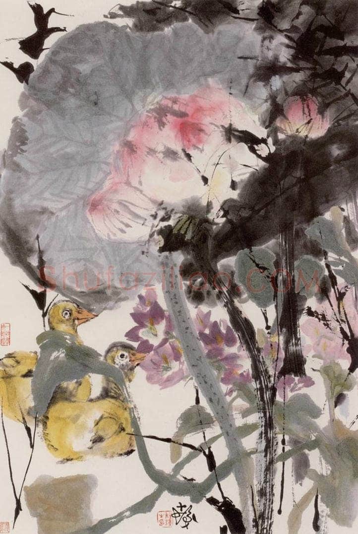 1977年 程十发 《荷塘水鸭》 书画作品