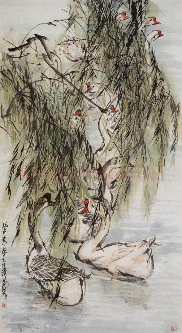 1983年 黄胄 《柳下群鹅》 书画作品
