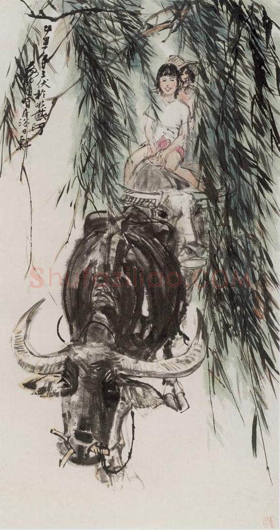 1985 黄胄 《柳阴牧牛》 书画作品