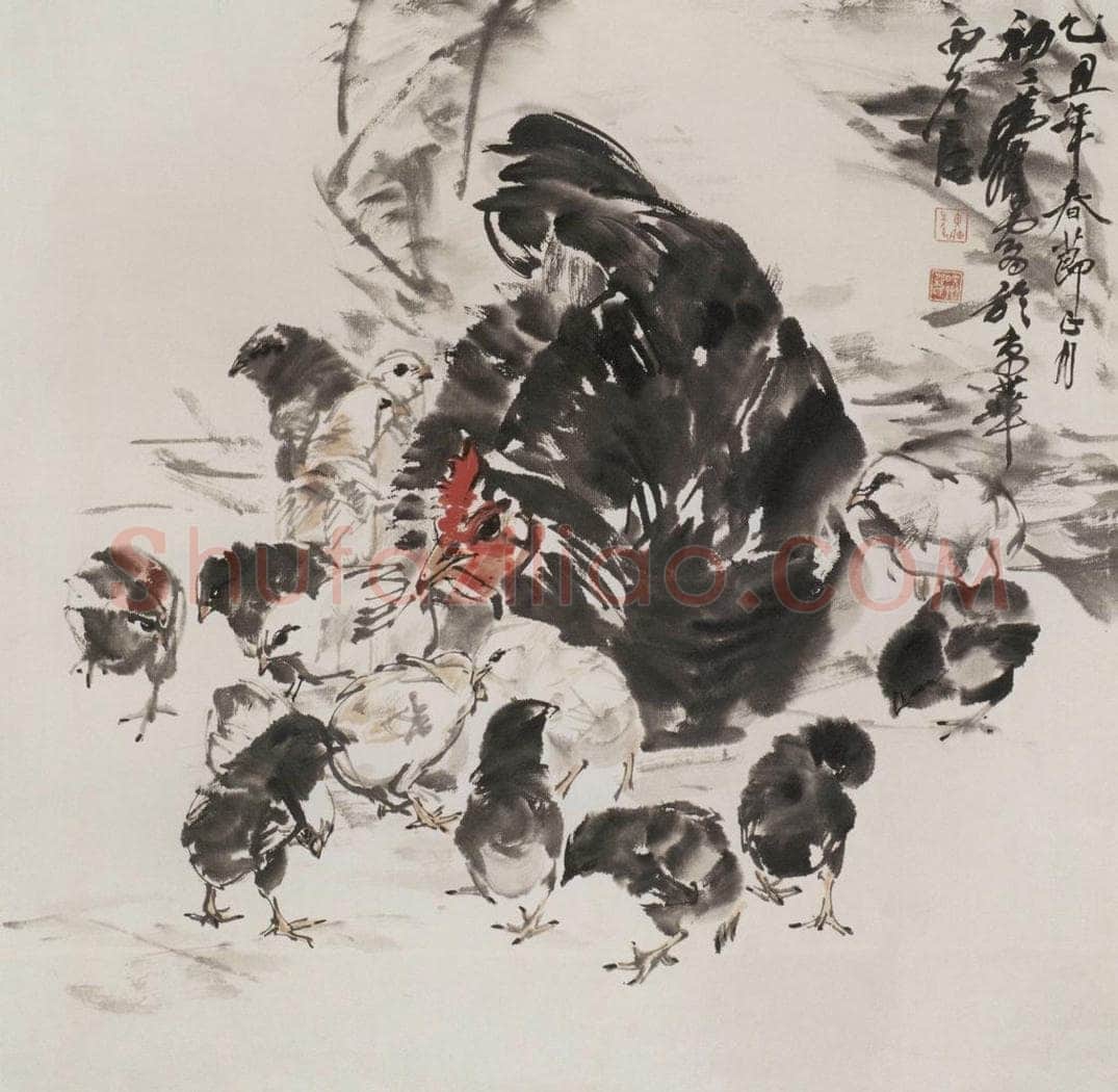 1985 黄胄 《母子鸡》 书画作品