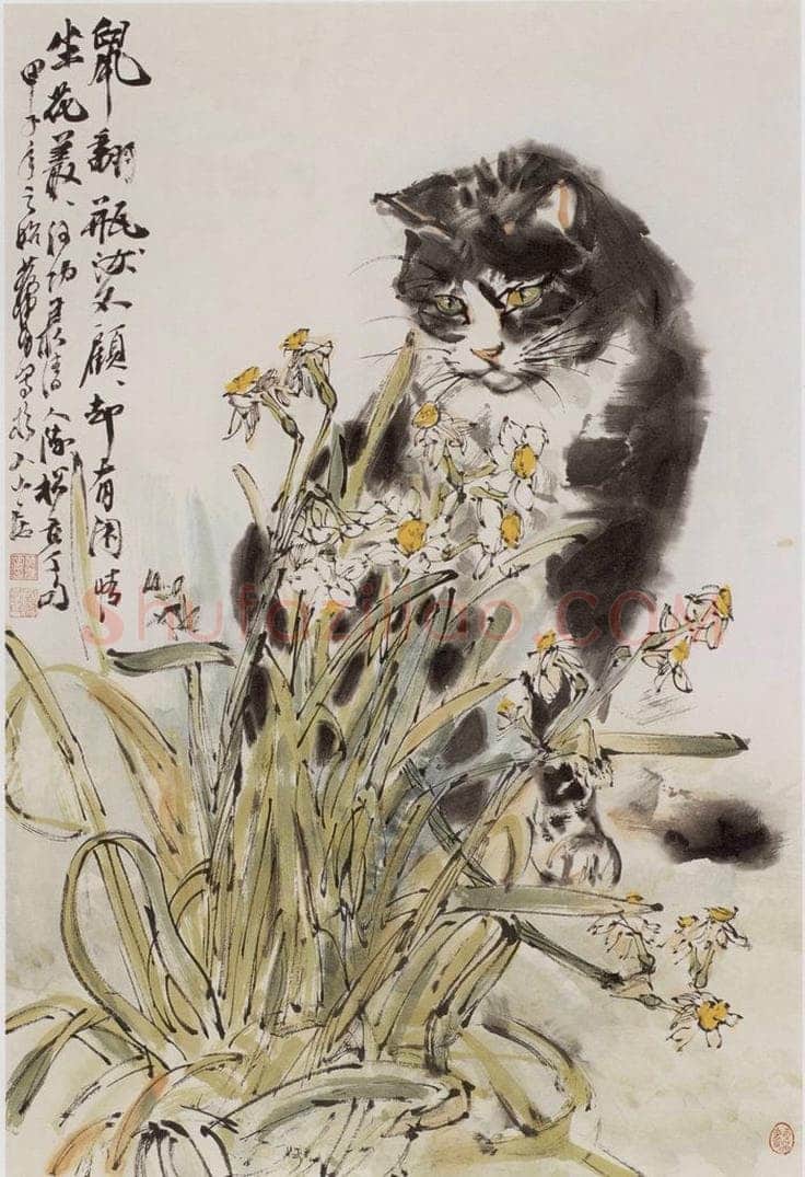 1983 黄胄 《水仙狸猫》 书画作品