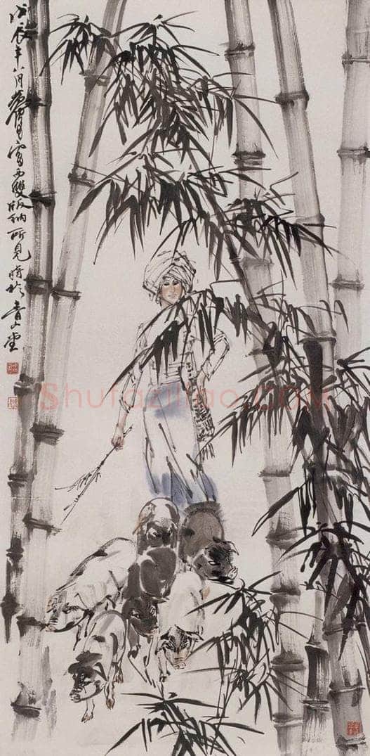 1988年 黄胄 《傣族妇女竹林赶猪》 书画作品