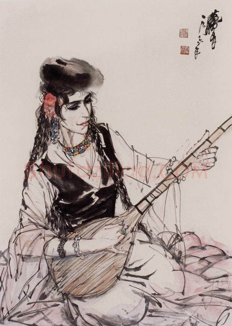1986年 黄胄 弹琴少女 书画作品