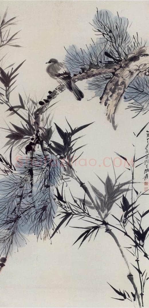 张大千 松竹斑鸠图 书画作品