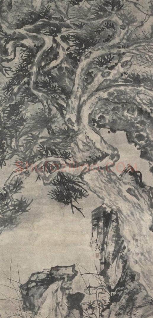 清 李鱓 《双松芝石图》 书画作品