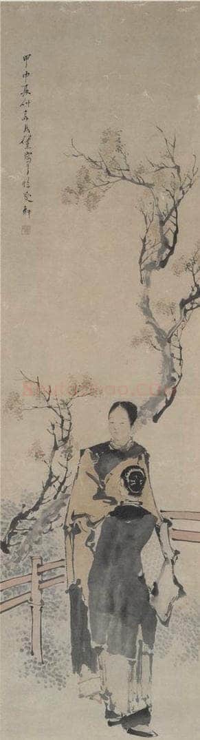 清 任熏 《紫薇仕女图》 书画作品