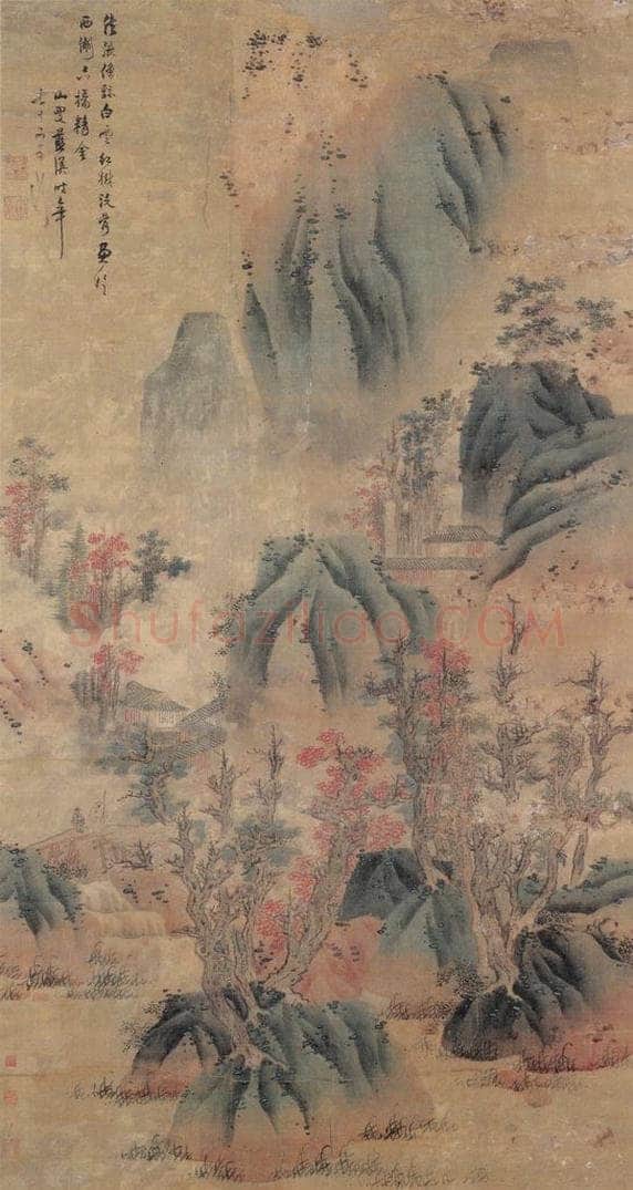 明 蓝瑛 《白云红树图》 书画作品