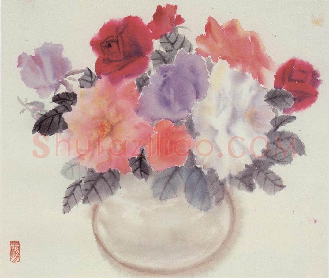 80年代 萧淑芳 瓶花月季 书画作品