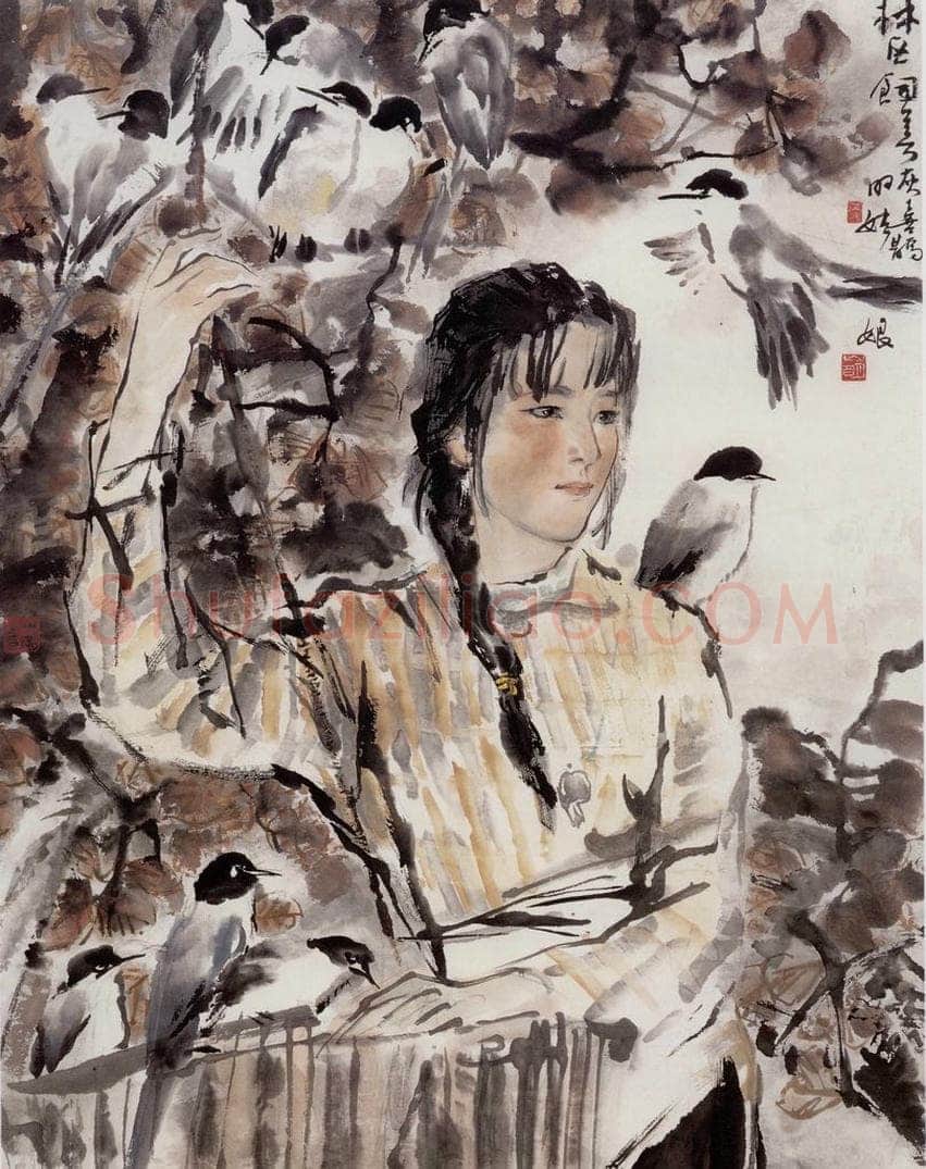 1980年 吴山明 《灰喜鹊饲养女》 书画作品