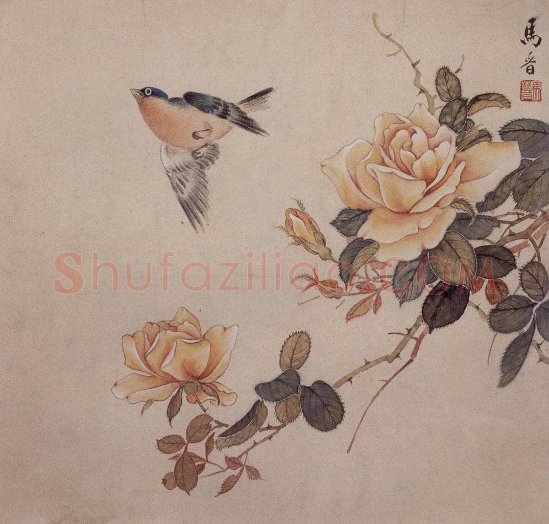 1961年 马晋 《月季小鸟》 书画作品