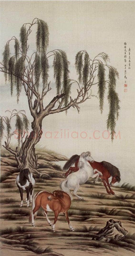 1930年 马晋 《柳下四骏》 书画作品