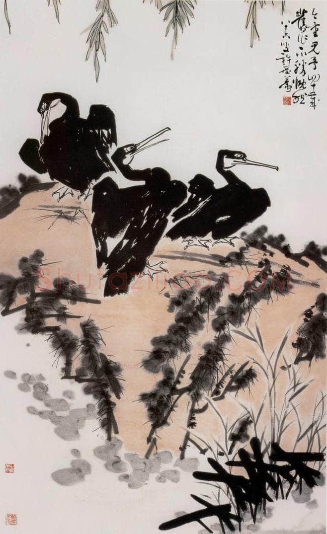 1956年 许麟庐 鱼鹰图 书画作品