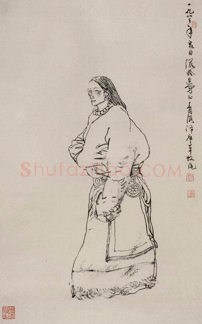 1983年 杜滋龄 《藏女白描人物》 书画作品