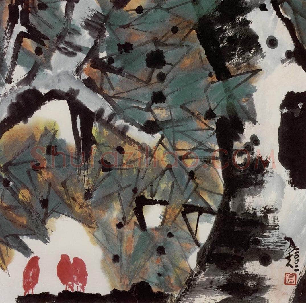 2002年 隋易夫 《青桐红鸟》 书画作品