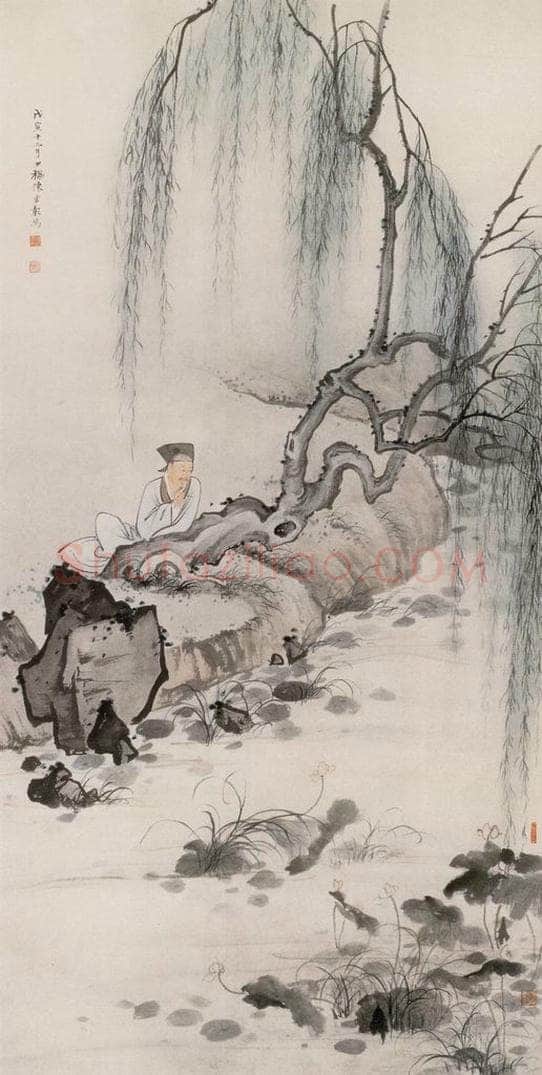近现代 陈少梅 《倚柳赏荷》 书画作品
