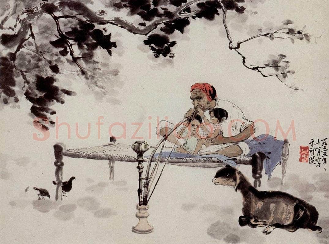 1955年 石鲁 《印度人家》 书画作品