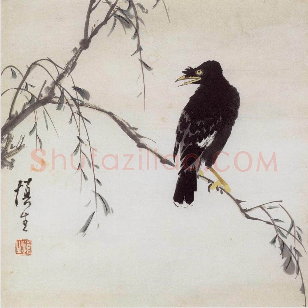 60年代 汪慎生 柳树八哥 书画作品