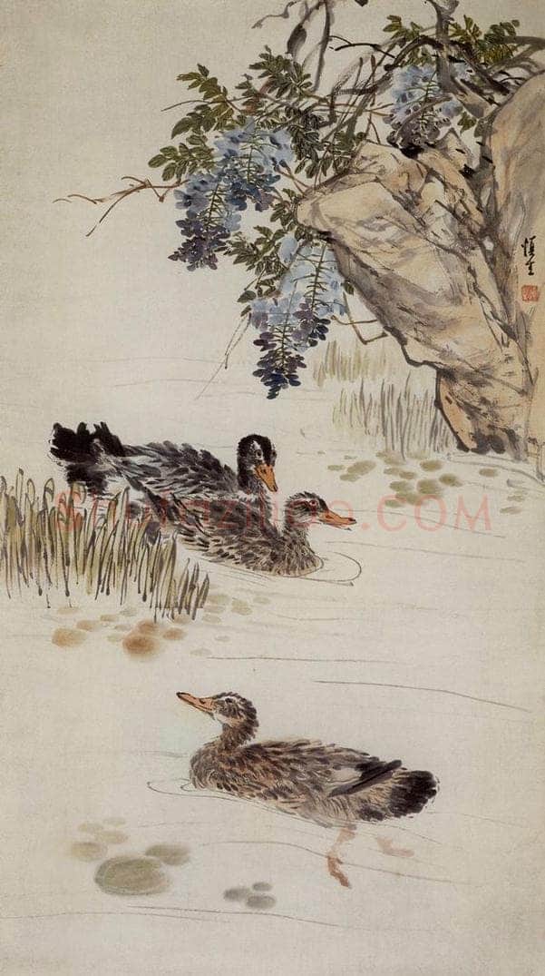 60年代 汪慎生 紫藤鸭子 书画作品