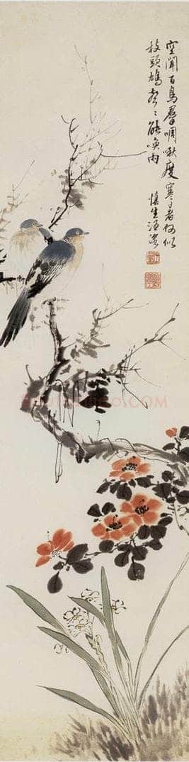 50年代 汪慎生 《水仙茶花斑鸠》 书画作品