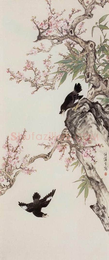 50年代 汪慎生 《桃花八哥》 书画作品