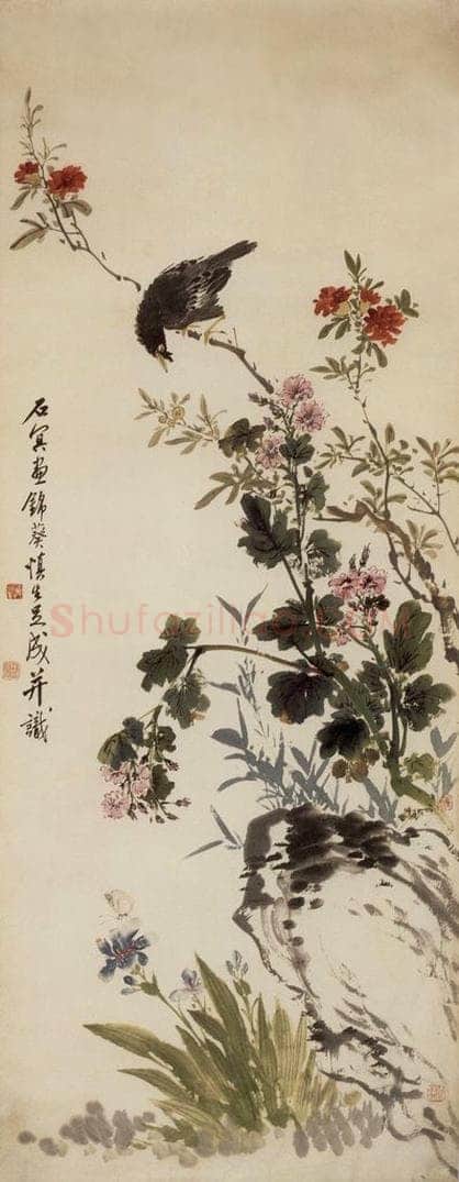 50年代 汪慎生 银葵八哥 书画作品
